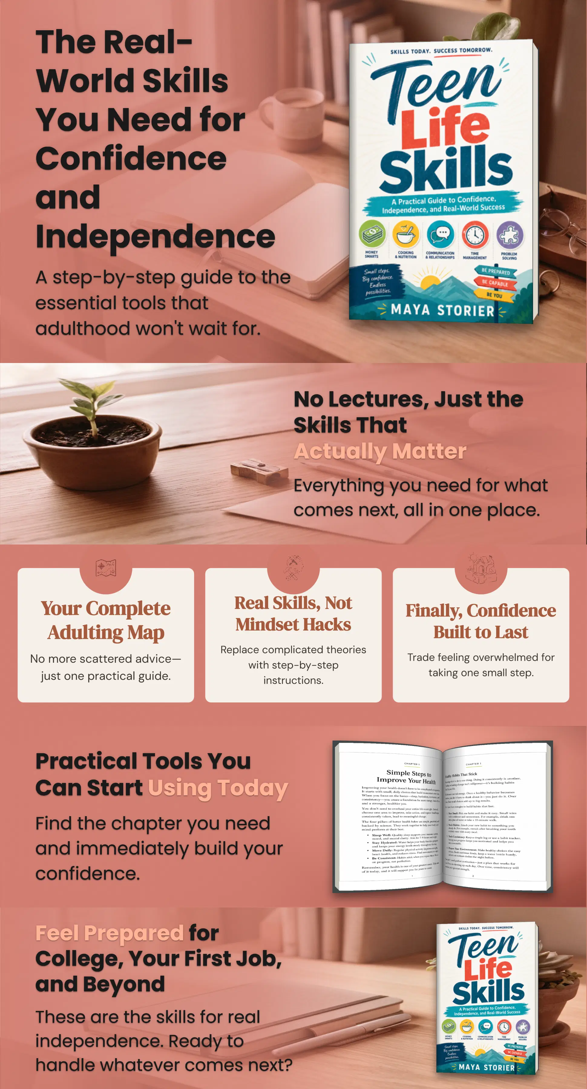 Completed A+ content stack for Teen Life Skills, using warm desk photography, a colorful book cover, practical skill cards, and supporting lifestyle imagery.